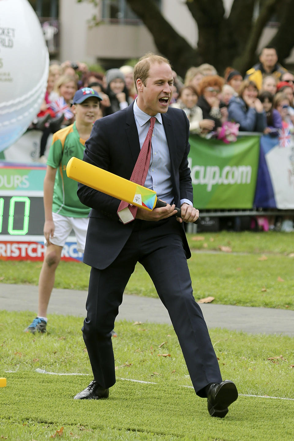 Britain's Prince William plays cricket in Latimer Square in Christchurch, New Zealand, Monday, April 14, 2014. William and his wife Kate, the Duchess of Cambridge, are on a three-week tour of New Zealand and Australia with their son, Prince George. (AP Photo/Martin Hunter, Pool)