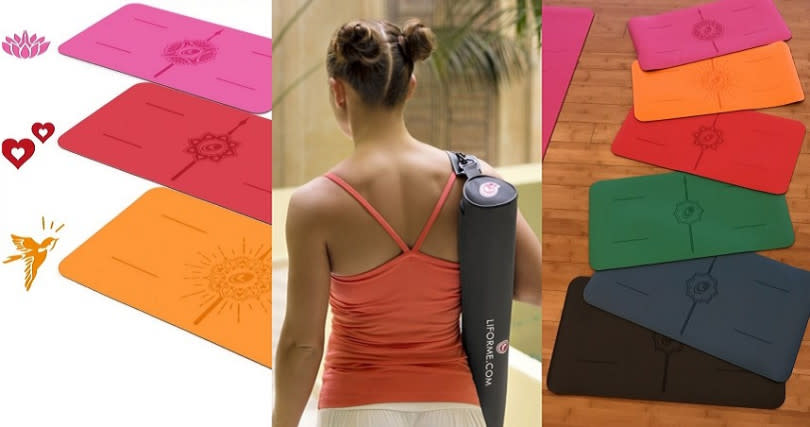 Liforme Yoga Pad 感恩系列－迷你限定版／2,600元，左圖新款式： 迷你珍愛墊（紅色）／ 迷你快樂墊（亮麗橘）／ 迷你感恩墊（桃紅），最右邊是全系列顏色。（圖／品牌提供）