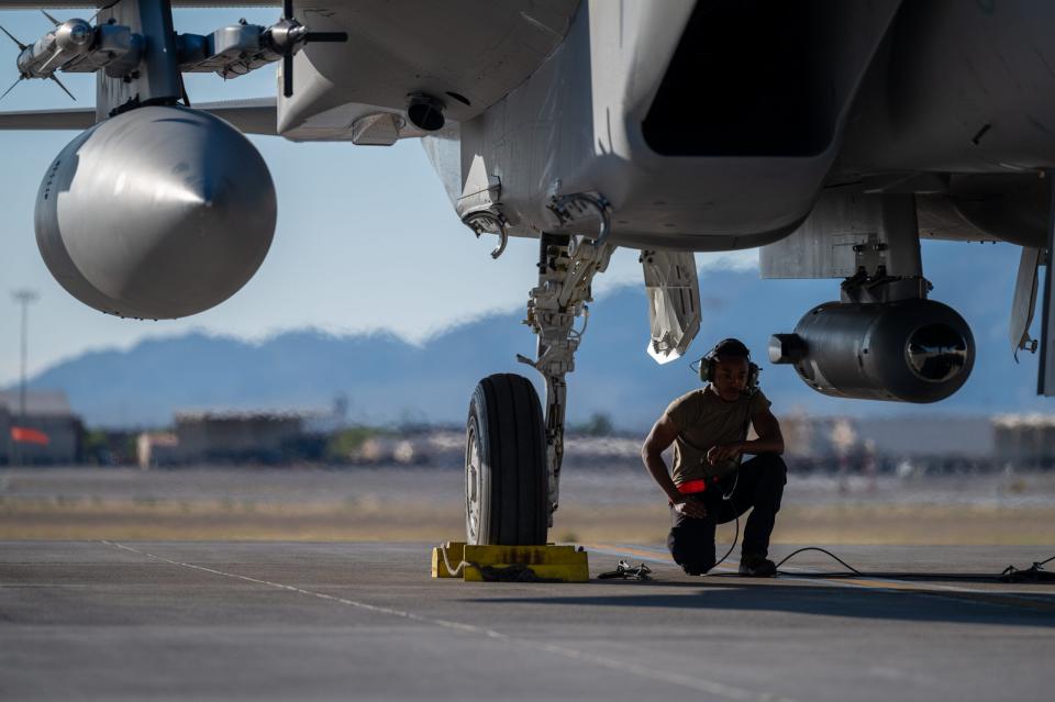 An F-15EX is prepared for a Black Flag 24-1 mission. <em><em><em>U.S. Air Force photo by Airman 1st Class Brianna Vetro</em></em></em>