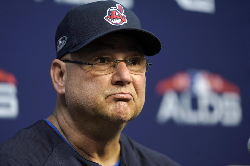 Cleveland Indians manager Terry Francona listens to a question during a baseball news conference Thursday, Oct. 4, 2018, in Houston. The Indians play the Houston Astros in Game 1 of the American League Division Series on Friday. (AP Photo/David J. Phillip)