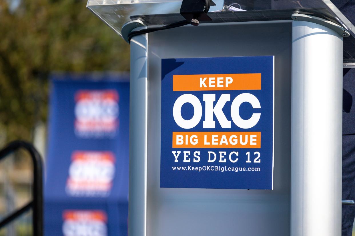 A “Keep OKC Big League” sign is displayed Sept. 28 at a gathering with representatives of the Greater Oklahoma City Chamber to help announce the official campaign for a new arena in Oklahoma City.