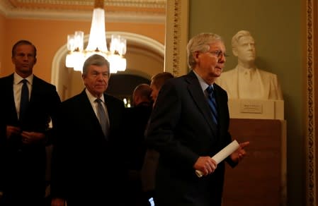 U.S Senate Majority Leader Mitch McConnell (R-KY) arrives to speak to reporters after the weekly Senate policy lunches in the U.S. Capitol in Washington