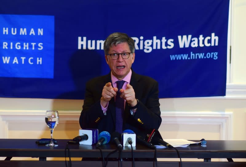 Jose Miguel Vivanco, director of Human Rights Watch Americas, gestures as he speaks during a presentation of the organization's World Report on Human Rights, in Mexico City