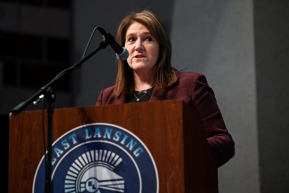 Superintendent Dori Leyko speaks during an East Lansing Board of Education special meeting on Monday, Jan. 30, 2023, at East Lansing High School. The meeting was held to discuss a school safety plan.