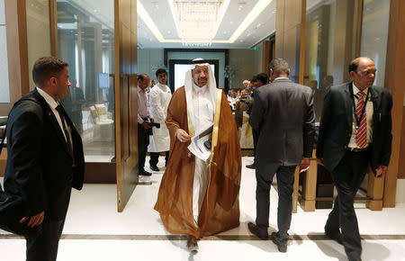 Saudi Arabia's Energy Minister Khalid al-Falih (C) leaves after a meeting in New Delhi, India, February 23, 2018. REUTERS/Adnan Abidi