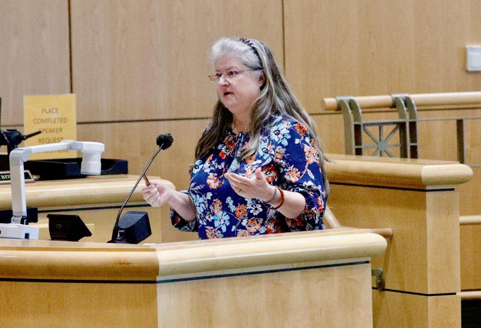 Shasta County Clerk and Registrar of Voters Cathy Darling Allen speaks to the Board of Supervisors on Sept. 13.