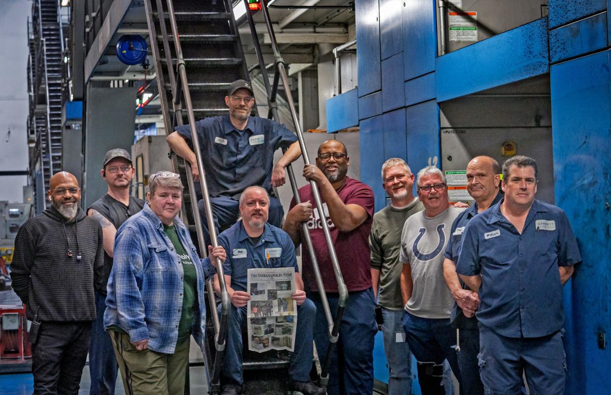 At the last day at the Pulliam Production Center, these were some of the people working together. L-R front row: Charley Futch, from left on the front row, Jesse Shook, Cindy Norman, Joel Ulrey, Andre Dixon, Mike Hughes, Kerry Sorrell, Doug Bowman and Bill Killen. Back row: Bruce King. Photo taken Sunday, April 7, 2024 at the Pulliam Production Center. This was the last night for the running of the presses. And it was the last night The Indianapolis Star was printed in Indianapolis.