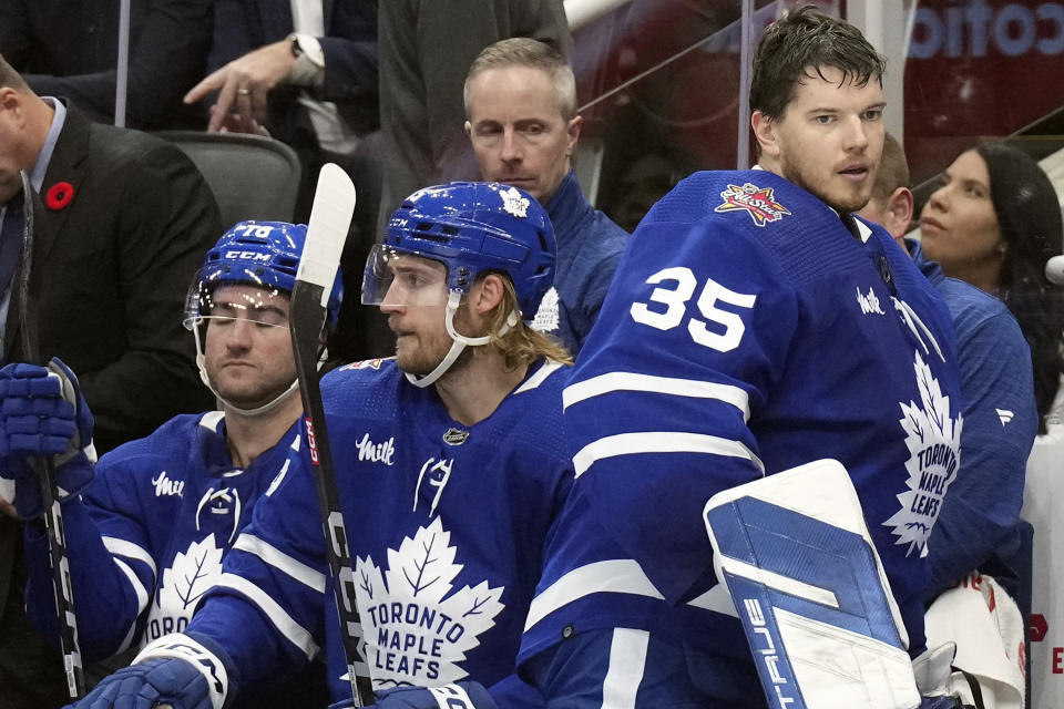 Toronto Maple Leafs goaltender Ilya Samsonov reacts after being pulled from the game after conceding four goal against Tampa Bay Lightning during the first period of an NHL hockey game in Toronto on Monday Nov. 6, 2023. (Chris Young/The Canadian Press via AP)