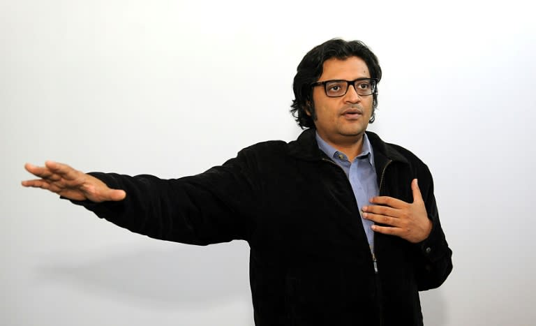 Indian TV news anchor Arnab Goswami gestures during an interview on April 26, 2017. Goswami aims to make his new Republic TV the most-watched English-language news channel in India