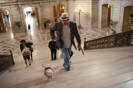 Frida, a female Chihuahua (L), and owner Dean Clark walk up a flight of stairs in City Hall before the San Francisco Board of Supervisors issues a special commendation naming Frida "Mayor of San Francisco for a Day" in San Francisco, California November 18, 2014. REUTERS/Stephen Lam