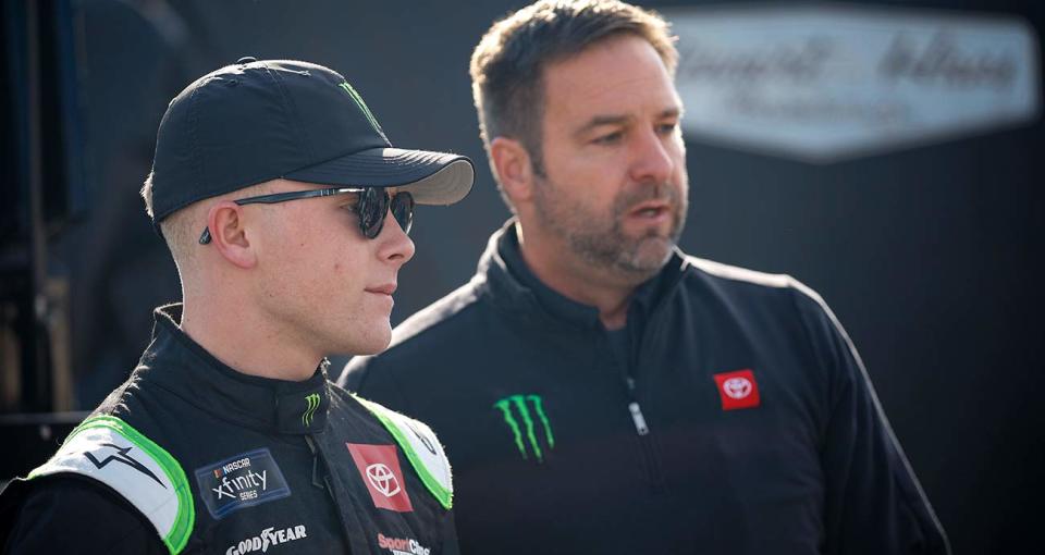 Ty Gibbs and crew chief Chris Gayle in the Cup Series garage at Charlotte Motor Speedway