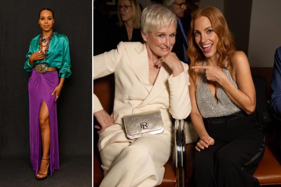 From left: Kerry Washington poses in spring 2024 Ralph Lauren, while Jessica Chastain and Glenn Close share a smile from their front-row seats. Images: Courtesy of Ralph Lauren