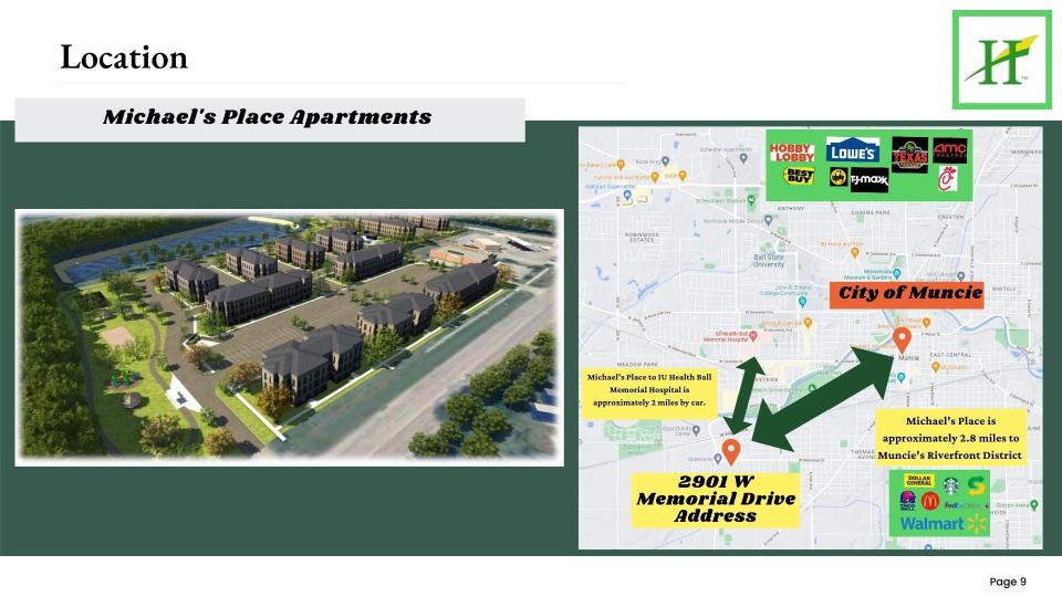 A slide from a presentation provided by Horizon Companies shows their planned Muncie complex, named Michael's Place Apartments, from the air. The slide also chows the distance between the site and various restaurants and attractions in the city.