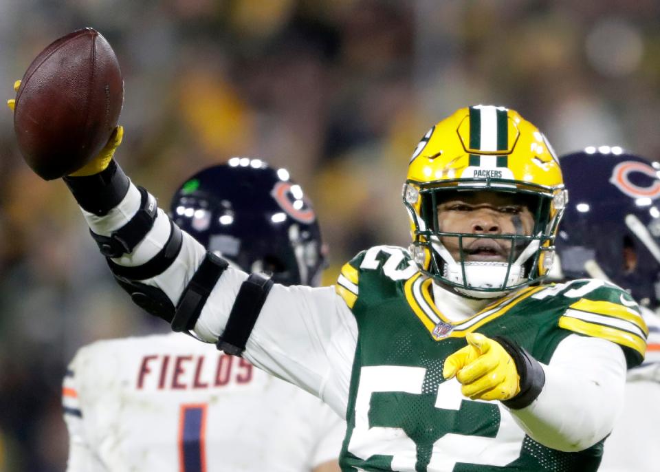 Green Bay Packers outside linebacker Rashan Gary (52) rtecovers a second half fumble against the Chicago Bears during their football game on Sunday December 12, 2021, at Lambeau Field in Green Bay, Wis. Wm. Glasheen USA TODAY NETWORK-Wisconsin