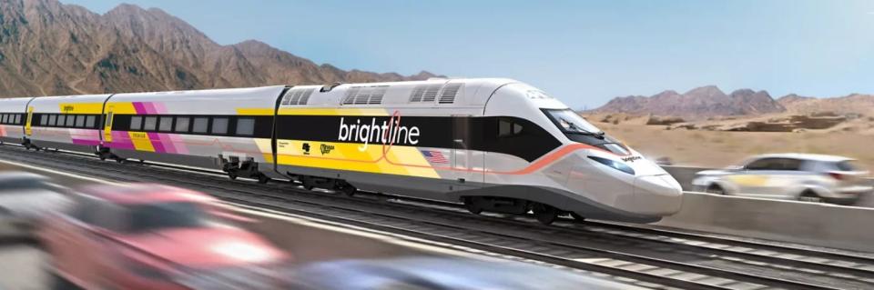 Brightline West officials and guests hammered yellow-colored rail spikes as part of Monday’s groundbreaking celebration for the nation's first high-speed rail system which will connect Las Vegas to Southern California.