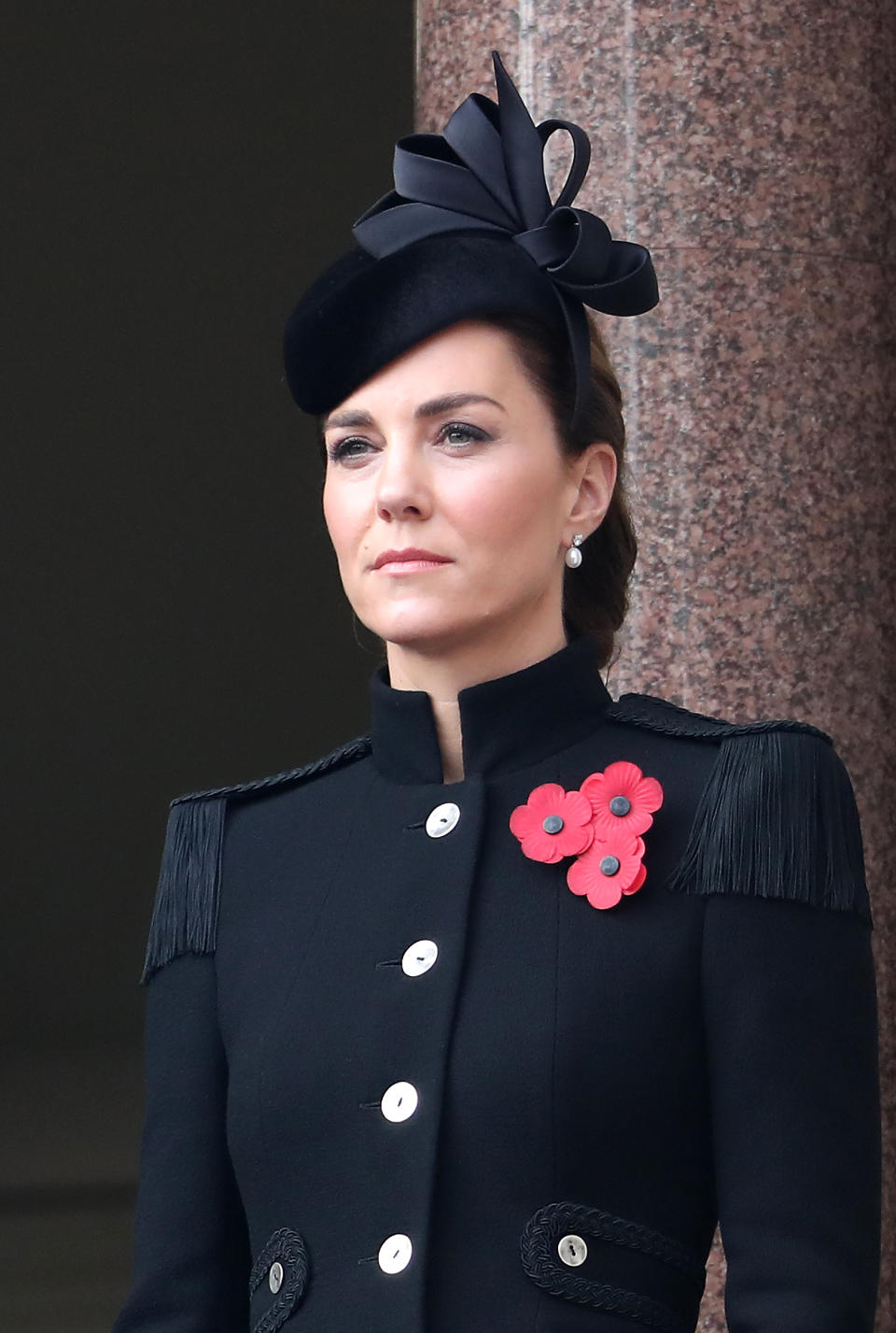 LONDON, ENGLAND - NOVEMBER 08: Catherine, Duchess of Cambridge looks on during the Service of Remembrance at the Cenotaph at The Cenotaph on November 08, 2020 in London, England. Remembrance Sunday services are still able to go ahead despite the covid-19 measures in place across the various nations of the UK. Each country has issued guidelines to ensure the safety of those taking part. (Photo by Chris Jackson/Getty Images)