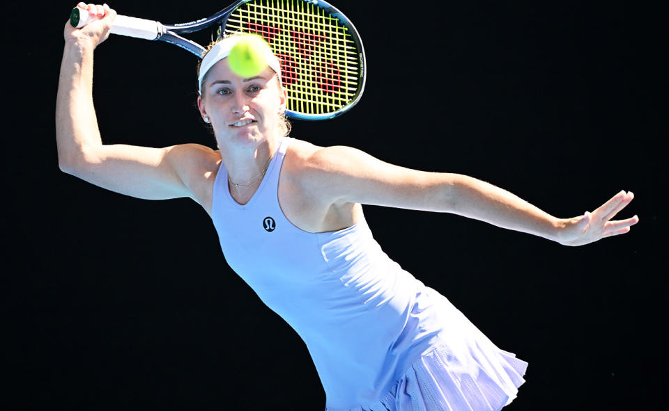 Daria Saville, pictured here in action against Magdalena Frech at the Australian Open. 