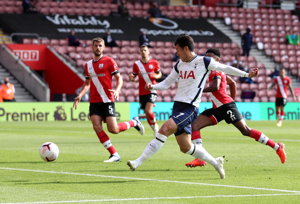 Tottenham Hotspur's Son Heung-min scores his side's fourth goal of the game during the Premier League match at St Mary's Stadium, Southampton.