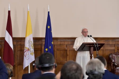 Pope Francis speaks during a meeting at the Presidential Palace in Riga, Latvia, during the second leg of Pope Francis' trip to the Baltic states September 24, 2018. Vatican Media/Handout via REUTERS