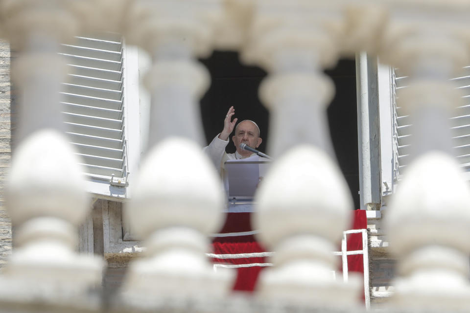 FILE - In this Sunday, June 7, 2020 file photo, Pope Francis delivers his blessing as he recites the Angelus noon prayer from the window of his studio overlooking St.Peter's Square, at the Vatican. Pope Francis and cardinals have preached, tweeted and spoken out about his death, and the Vatican’s communications juggernaut has gone into overdrive to draw attention to the cause. George Floyd’s killing at the hands of a white police officer and the global protests that erupted to denounce police brutality and racism might normally have drawn a muted diplomatic response from the Holy See. (AP Photo/Andrew Medichini, File)