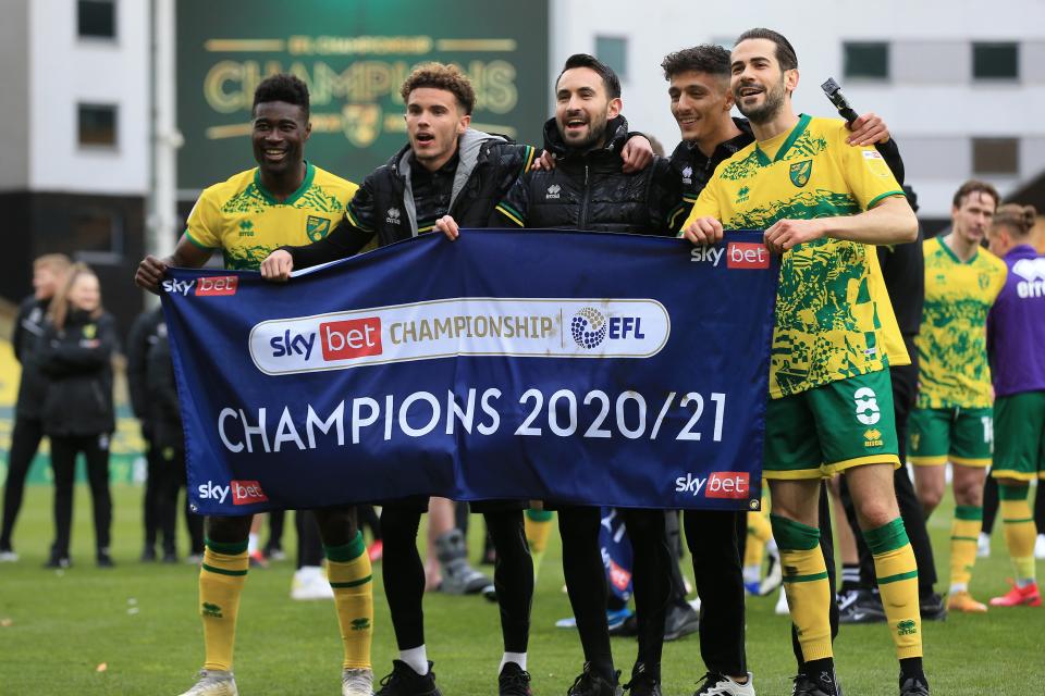 <p>Norwich celebrate winning the Championship title at Carrow Road</p> (Getty Images)