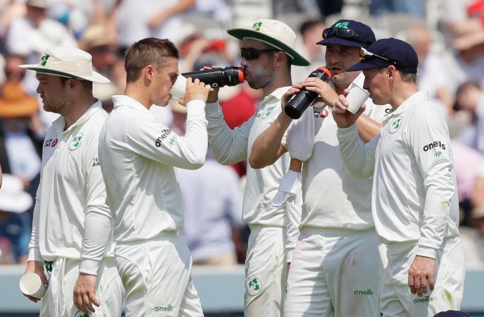 London: Ireland's players in a drinks break during the second day of the test match against England at Lord's (AP)