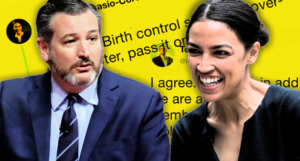 Sen. Ted Cruz and Rep. Alexandria Ocasio-Cortez. (Photo illustration: Yahoo News, photos: Yuri Gripas/Reuters, AP)