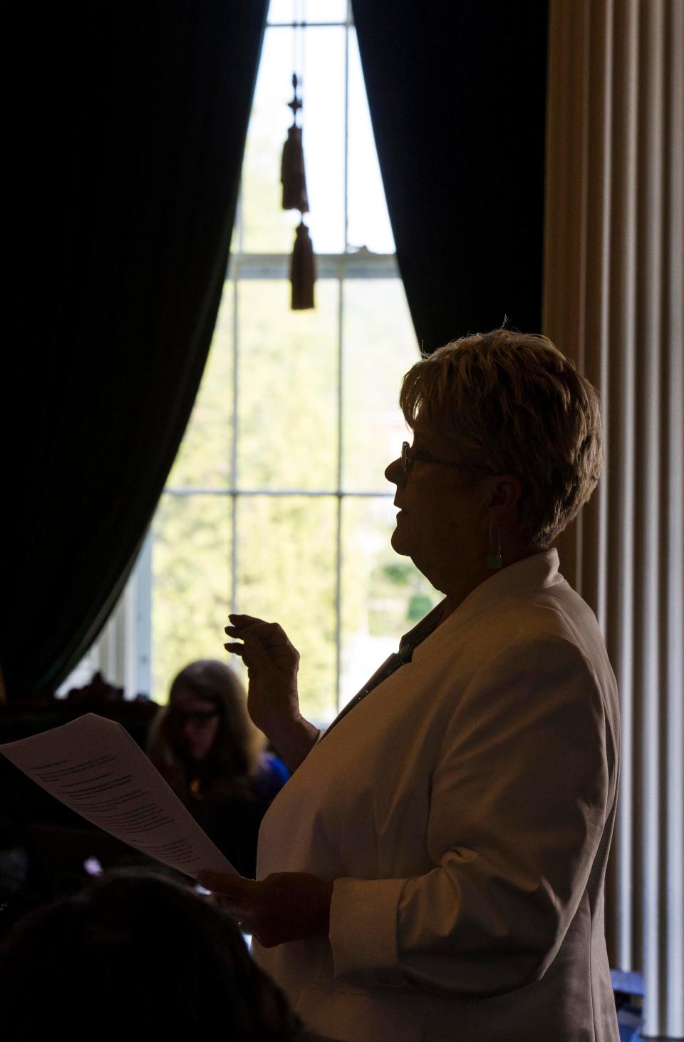 Sen. Ann Cummings, D-Washington, reports on an education bill at the Statehouse in Montpelier on Friday, May 15, 2015.  