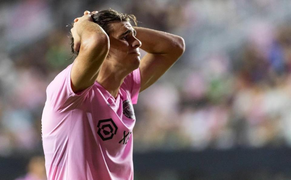 Inter Miami midfielder Benjamin Cremaschi (30) reacts after missing a shot toward goal against Austin FC in the second half of their MLS match at DRV PNK Stadium on Saturday, July 1, 2023, in Fort Lauderdale, Fla.