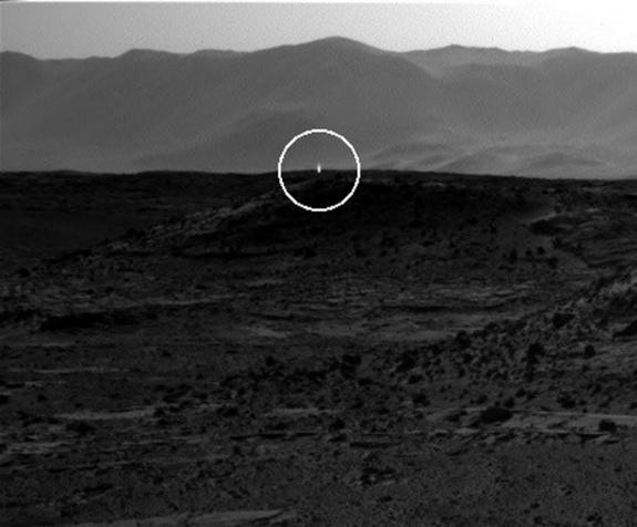 A bright flash of light appears to be visible in this image taken by the right-side navigation camera on NASA's Mars rover Curiosity on April 3, 2014.