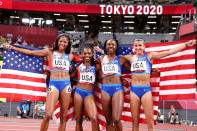 <p>Biography: Teahna Daniels is 24, Javianne Oliver is 26, Jenna Prandini is 28 and Gabrielle Thomas is 24</p> <p>Event: Women's 4x100m relay</p> <p>Quote: Thomas: "We were excited to come out here and work hard together to come out with a medal. We're really excited to do this for Team USA."</p>