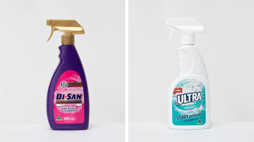 Coles Ultra Prewash Stain Remover (right) and Aldi's Di-San Ultra Degreaser with Enzymes came in second and third place respectively. Photo: supplied.