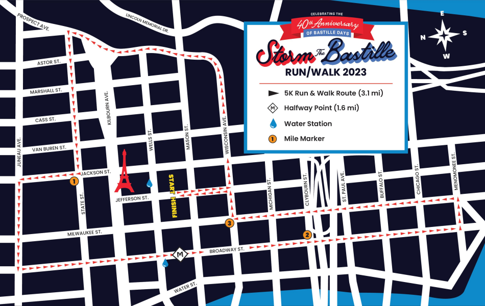 An official map depicting the route of the Storm the Bastille 5K. The race starts Thursday, July 13 at 9 p.m.