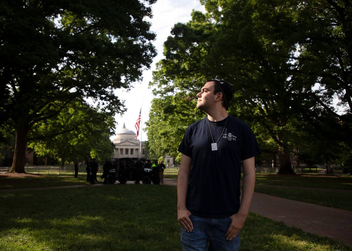 UNC-Chapel Hill senior Max Pollack poses for a portrait on the university’s campus as law enforcement maintains a presence following the detainment of members of a pro-Palestinian “Gaza solidarity encampment” early Tuesday morning, April 30, 2024. Pollack said he walked through the quad to observe the situation and see how safe it would be for Jews on campus Tuesday.