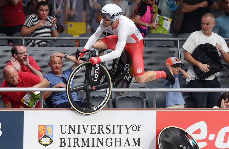 Matt Walls of England crashes at the Lee Valley VeloPark (EPA)