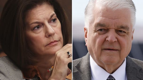 PHOTO: Sen. Catherine Cortez Mastro listens as Securities and Exchange Commission (SEC) Chair Gary Gensler on Capitol Hill. Nevada Gov. Steve Sisolak attends the launch of the 100-megawatt MGM Resorts Mega Solar Array in Dry Lake Valley, Nev. (Getty Images)