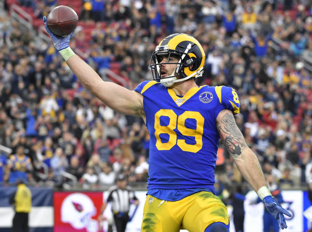 Tyler Higbee of the Los Angeles Rams celebrates a touchdown during