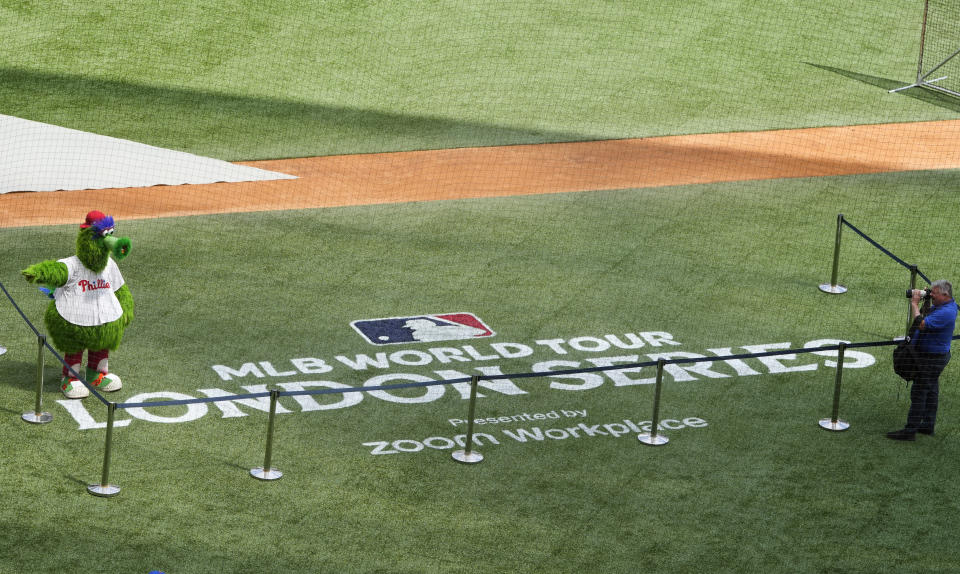 Phillie Phanatic poses for a photograph as Philadelphia Phillies train during a workout day at the London Stadium in London, Friday, June 7, 2024. New York Mets will play games against Philadelphia Phillies at the stadium on June 8 and June 9. (AP Photo/Kirsty Wigglesworth)