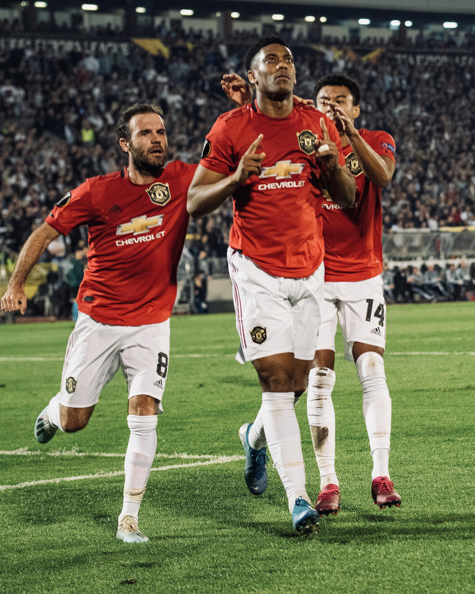 BELGRADE, SERBIA - OCTOBER 24: Anthony Martial of Manchester United celebrates scoring their first goal during the UEFA Europa League group L match between Partizan and Manchester United at Partizan Stadium on October 24, 2019 in Belgrade, Serbia. (Photo by Ash Donelon/Manchester United via Getty Images)