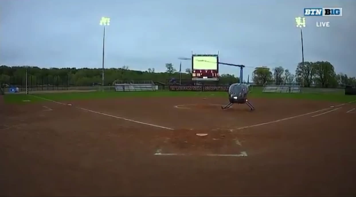 The Big Ten softball tournament used a helicopter to dry off the field after a rain delay on Friday in Madison, Wisconsin. (Twitter/BigTenNetwork)