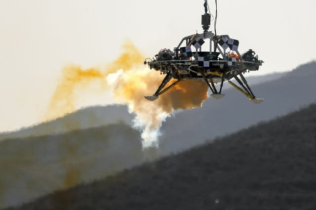 The Mars lander’s hovering, obstacle avoidance and deceleration capabilities are tested at a facility at Huailai in China’s Hebei province (Andy Wong/AP)