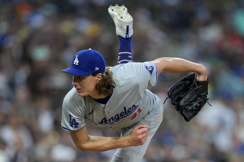 Los Angeles Dodgers starting pitcher Tyler Glasnow works against a San Diego Padres batter during the third inning of a baseball game, Friday, May 10, 2024, in San Diego. (AP Photo/Gregory Bull)