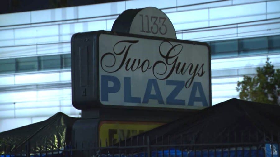 Two Guys Plaza on Vermont Avenue, home of the El Salvador Corridor in L.A.'s Pico-Union neighborhood. (KTLA)