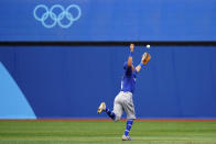 Israel's Ian Kinsler cannot reach a single during a baseball game against South Korea at Yokohama Baseball Stadium during the 2020 Summer Olympics, Monday, Aug. 2, 2021, in Yokohama, Japan. (AP Photo/Matt Slocum)