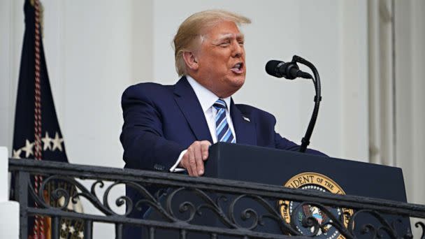 PHOTO: President Donald Trump speaks about law and order from the South Portico of the White House in Washington on Oc. 10, 2020. Trump spoke publicly for the first time since testing positive for COVID-19. (Mandel Ngan/AFP via Getty Images)