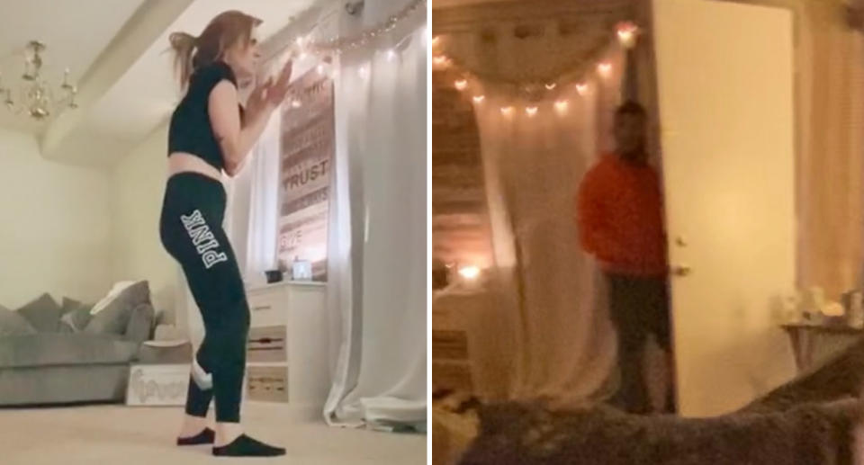 Pictured left is Hannah Viverette in her apartment. On the right is her alleged stalker in an orange jumper.