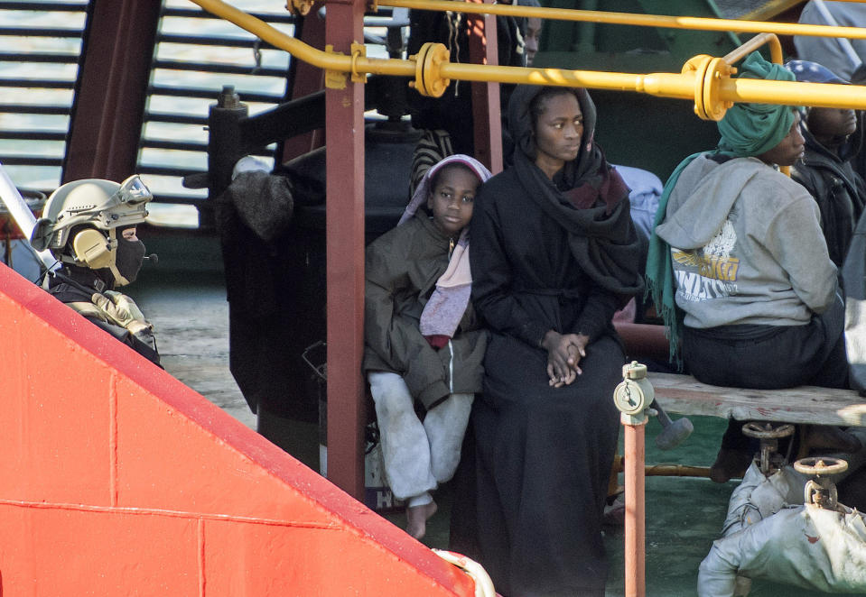 Armed forces stand onboard the Turkish oil tanker El Hiblu 1, which was hijacked by migrants, in Valletta, Malta, Thursday March 28, 2019. A Maltese special operations team on Thursday boarded a tanker that had been hijacked by migrants rescued at sea, and returned control to the captain, before escorting it to a Maltese port. (AP Photo/Rene' Rossignaud)