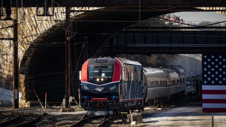 An Amtrak train in Baltimore, Maryland, US, on Jan. 30, 2023. President Biden is helping to kick off a project to replace the 150-year-old Baltimore and Potomac Tunnel, which is seen as one of the worst bottlenecks slowing train traffic on the Northeast Corridor. - Al Drago/Bloomberg/Getty Images