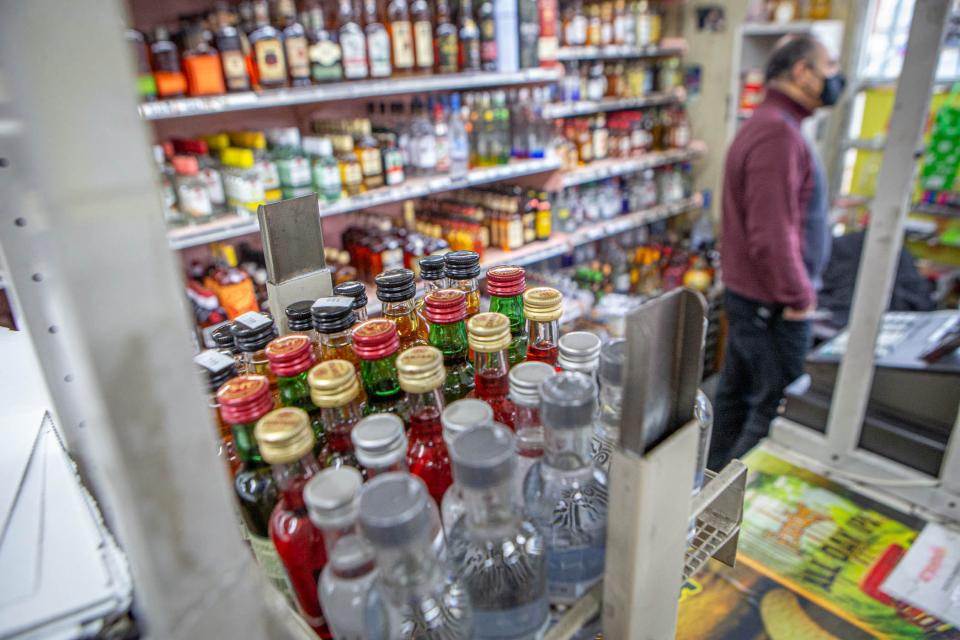 Nips are displayed at the checkout counter at Broadway Liquors in Providence. Legislation to ban the miniature bottles is expected to be introduced again this session.