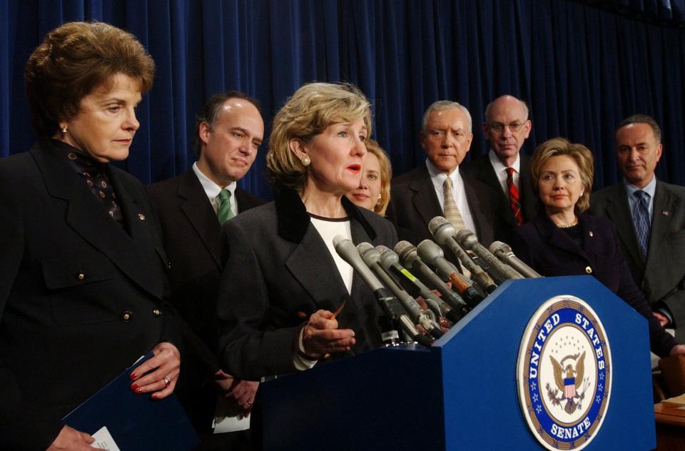 Dianne Feinstein stands at a press conference about Amber Alerts